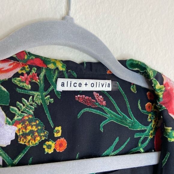 Alice + Olivia Abney Midi Black Dress Wrap Blooming Bouquet Floral Size S - Picture 8 of 9